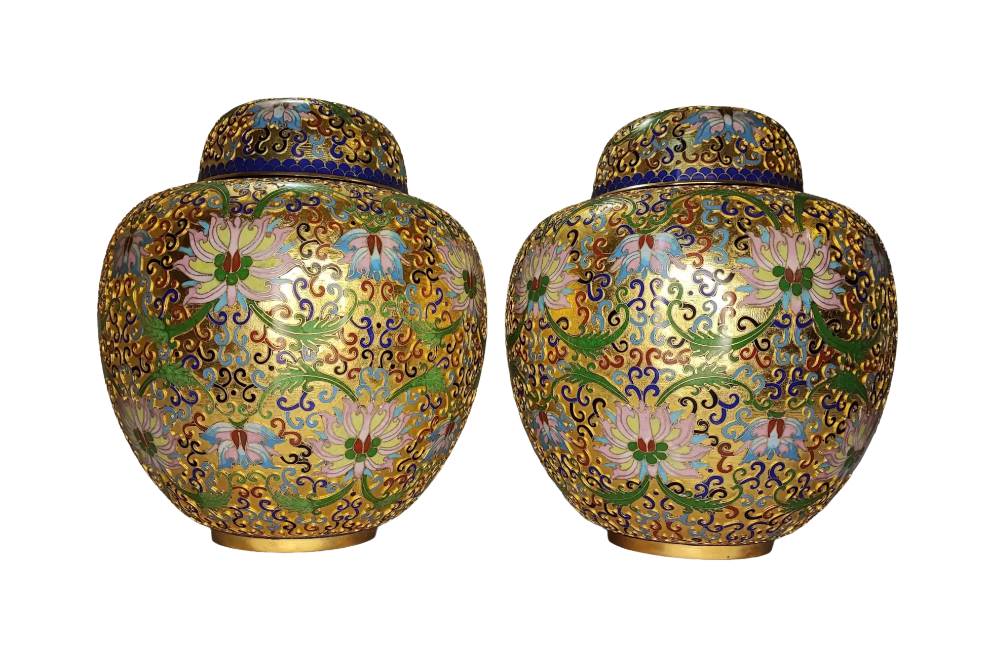 Eleganza Orientale: Coppia di Vasi in Smalto Cloisonné Dorato con Decoro Floreale "Millefiori"