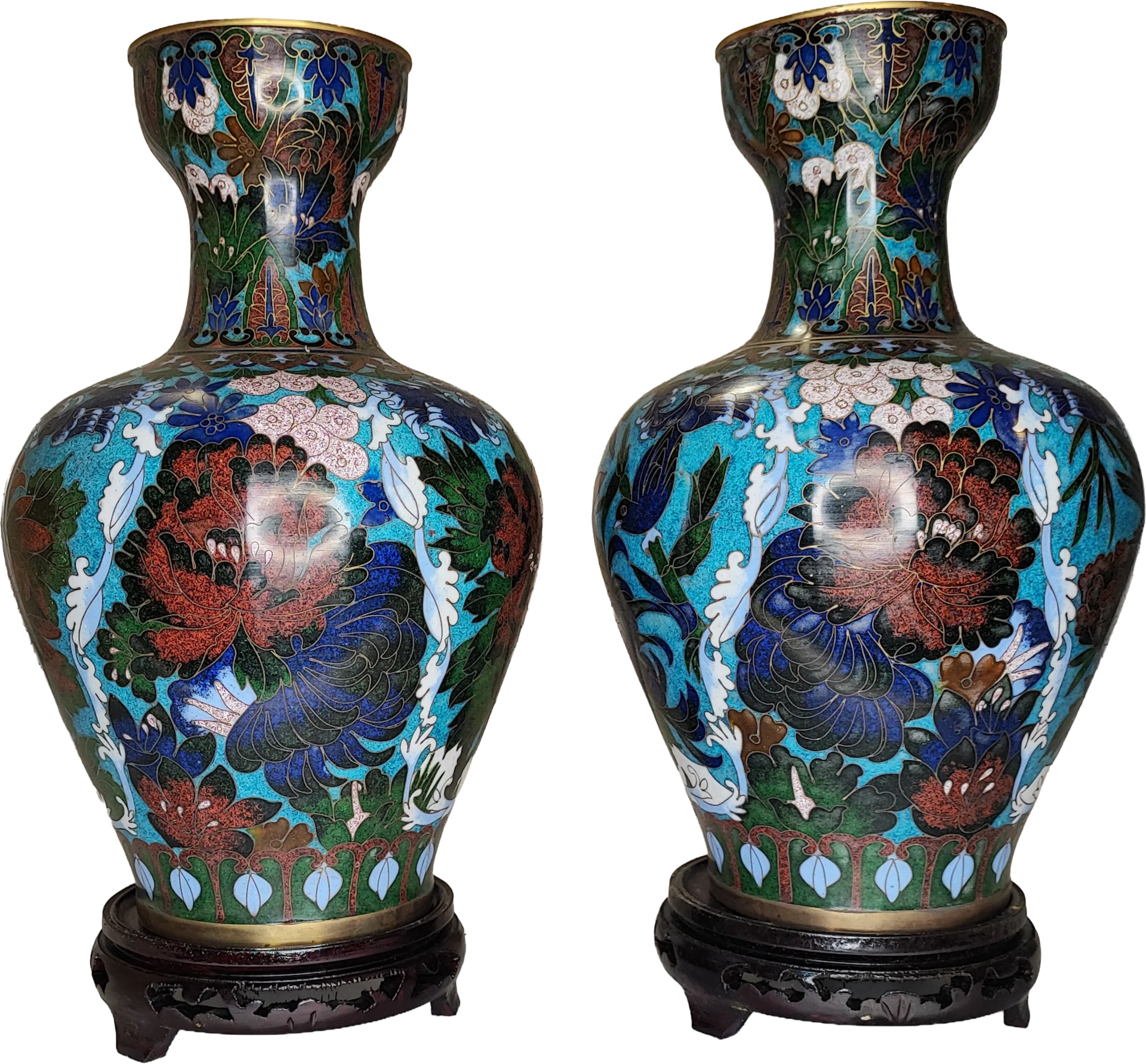 Vaso Cloisonné coppia di vasi con fiori di peonia su fondo azzurro e basi in legno - mazzotta.store