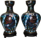 Vaso Cloisonné coppia di vasi con fiori di peonia su fondo azzurro e basi in legno - mazzotta.store