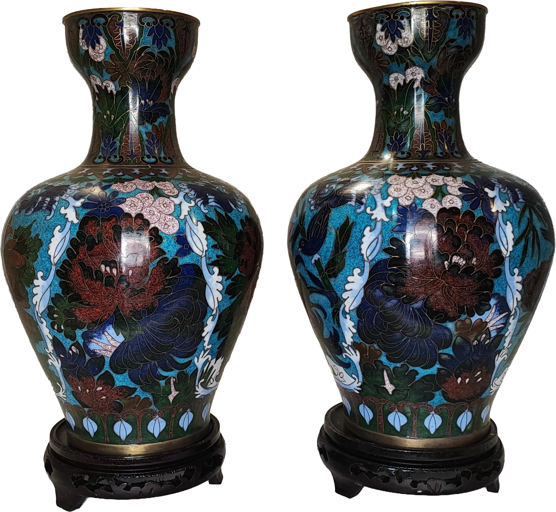Vaso Cloisonné coppia di vasi con fiori di peonia su fondo azzurro e basi in legno - mazzotta.store
