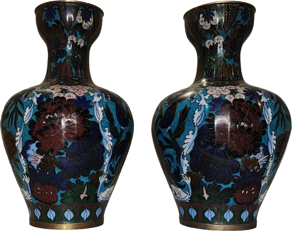 Vaso Cloisonné coppia di vasi con fiori di peonia su fondo azzurro e basi in legno - mazzotta.store