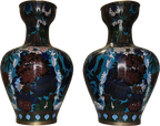 Vaso Cloisonné coppia di vasi con fiori di peonia su fondo azzurro e basi in legno - mazzotta.store