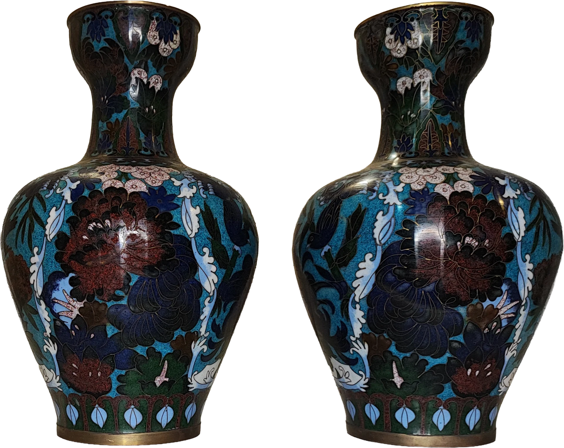 Vaso Cloisonné coppia di vasi con fiori di peonia su fondo azzurro e basi in legno - mazzotta.store