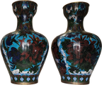 Vaso Cloisonné coppia di vasi con fiori di peonia su fondo azzurro e basi in legno - mazzotta.store