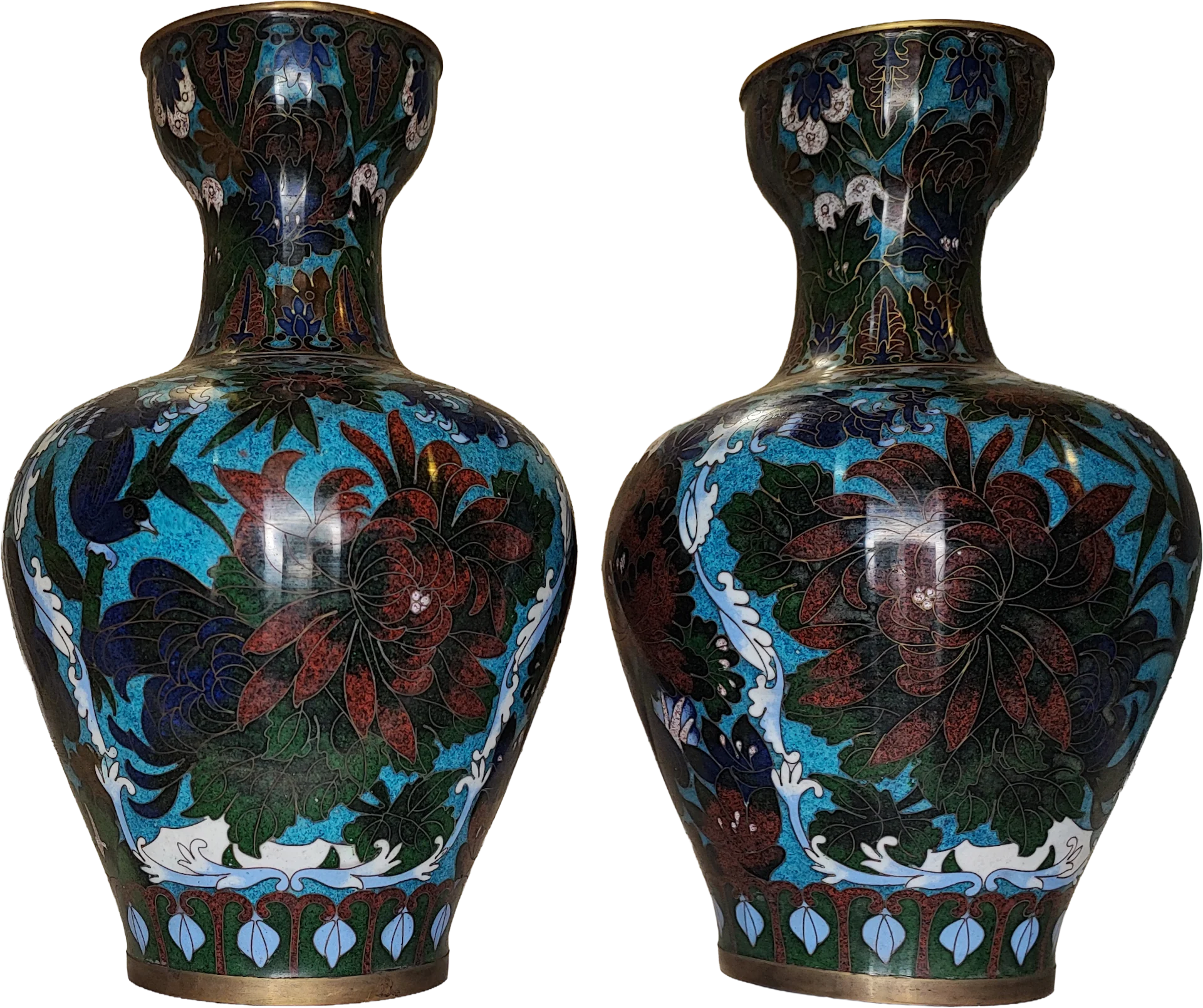Vaso Cloisonné coppia di vasi con fiori di peonia su fondo azzurro e basi in legno - mazzotta.store