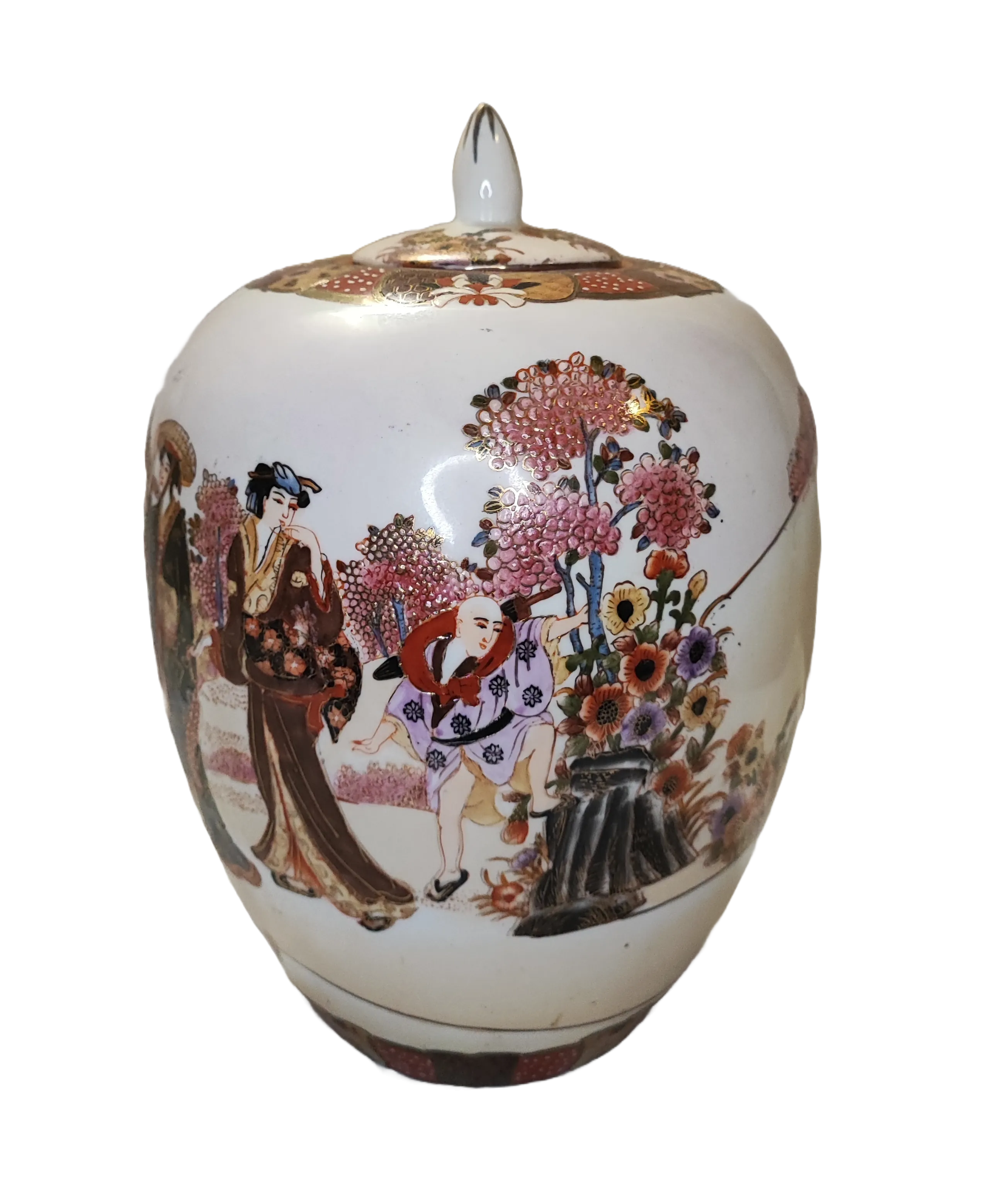 Ginger Jar in porcellana cinese con decorazione floreale policroma, marchio rosso evocativo ‘Da Qing Qianlong Nian Zhi’ e sticker ‘CPC – Made in Macau’, anni ’60–’70.