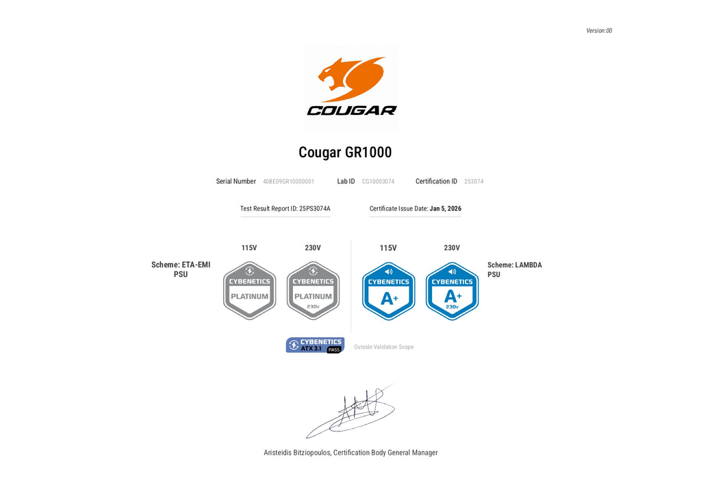 COUGAR ALIM GR 1000 1000W 80+ GOLD ATX 3.1 PCIE 5.1 FULL M 100% JAPANESE CA