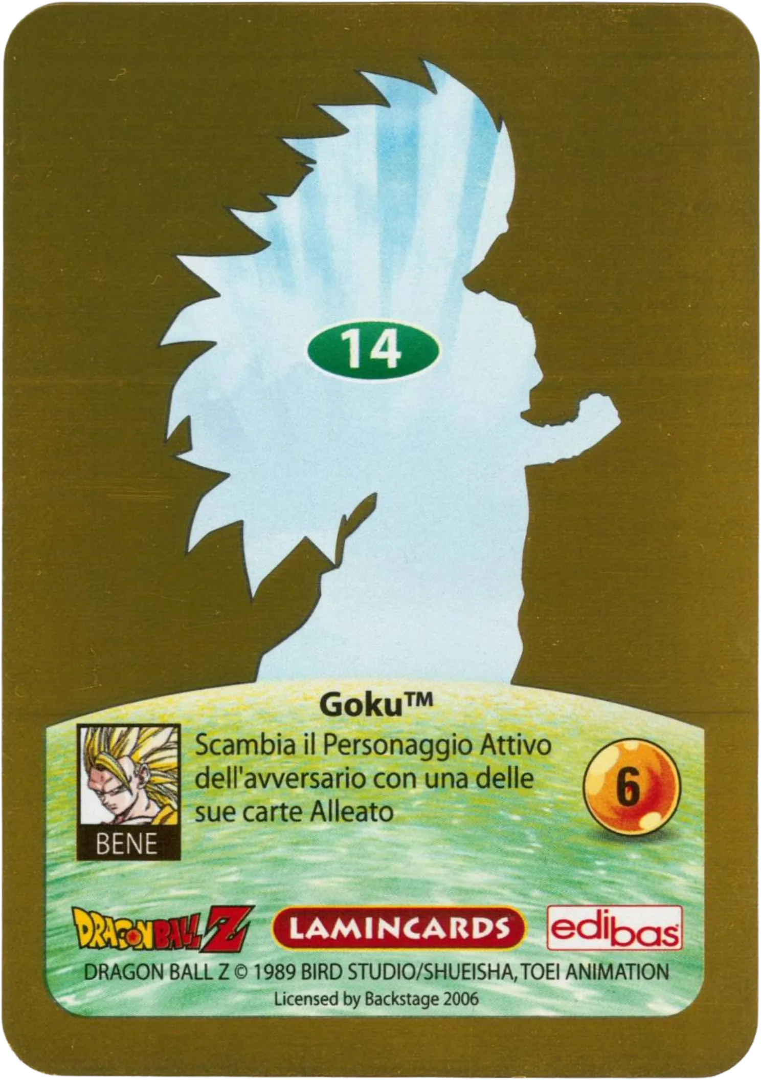 DBZ-ORO-014-GOKU-SSJ3-000 img2 Retro della carta DBZ Oro n. 14 Goku-Supersayan 3- parte della serie DBZ Lamincard, con dettagli visivi e grafici del prodotto.
