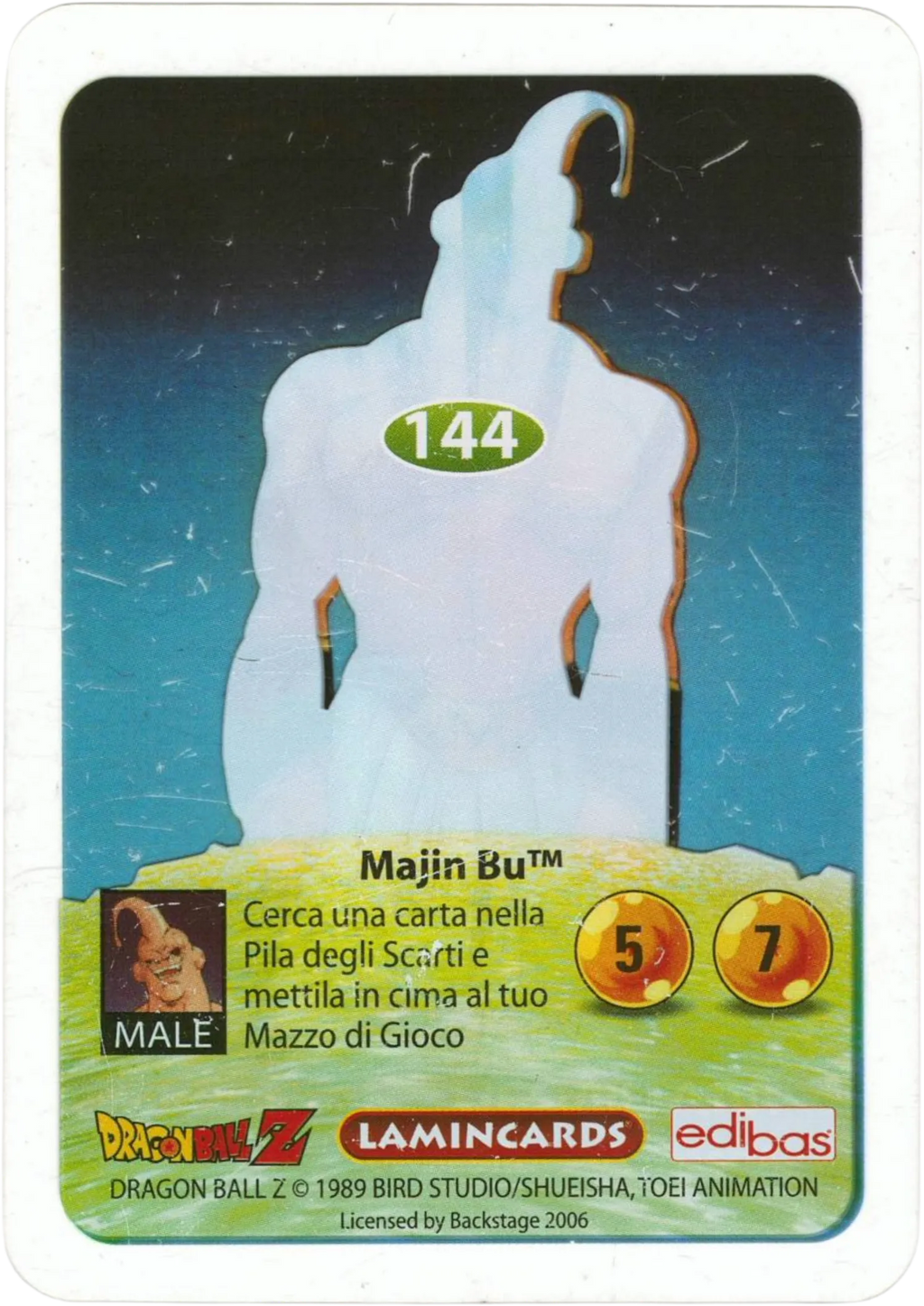 Carta da collezione Dragon Ball Z serie Oro 144 n. 144  –  Majin Bu. Immagine retro con artwork anime dettagliato, parte della serie DBZ Lamincard