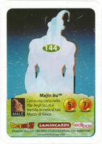 Carta da collezione Dragon Ball Z serie Oro 144 n. 144  –  Majin Bu. Immagine retro con artwork anime dettagliato, parte della serie DBZ Lamincard