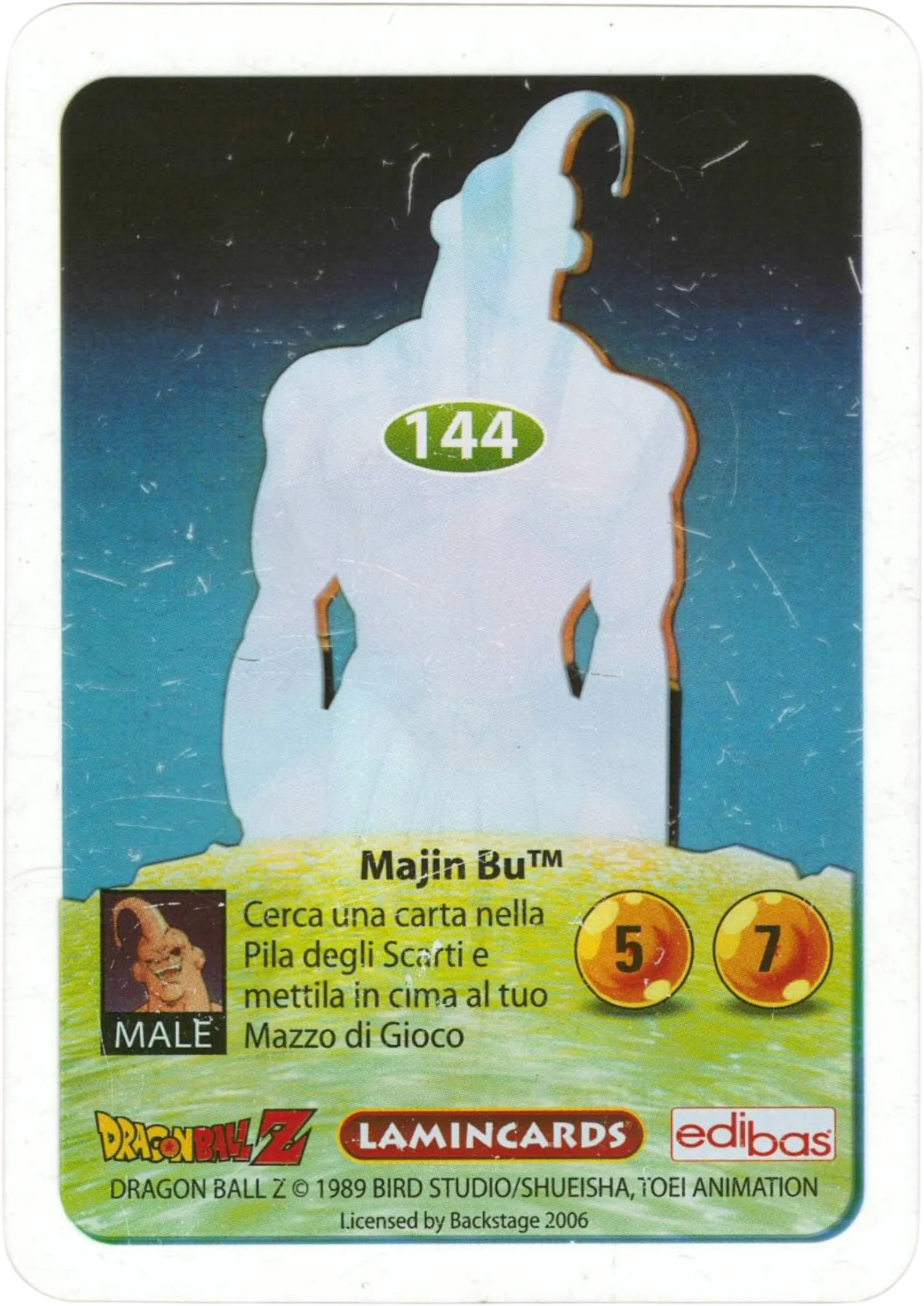 Carta da collezione Dragon Ball Z serie Oro 144 n. 144  –  Majin Bu. Immagine retro con artwork anime dettagliato, parte della serie DBZ Lamincard