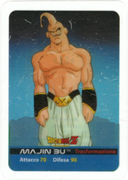 Carta da collezione Dragon Ball Z serie Oro 144 n. 144  –  Majin Bu. Immagine fronte con artwork anime dettagliato, parte della serie DBZ Lamincard