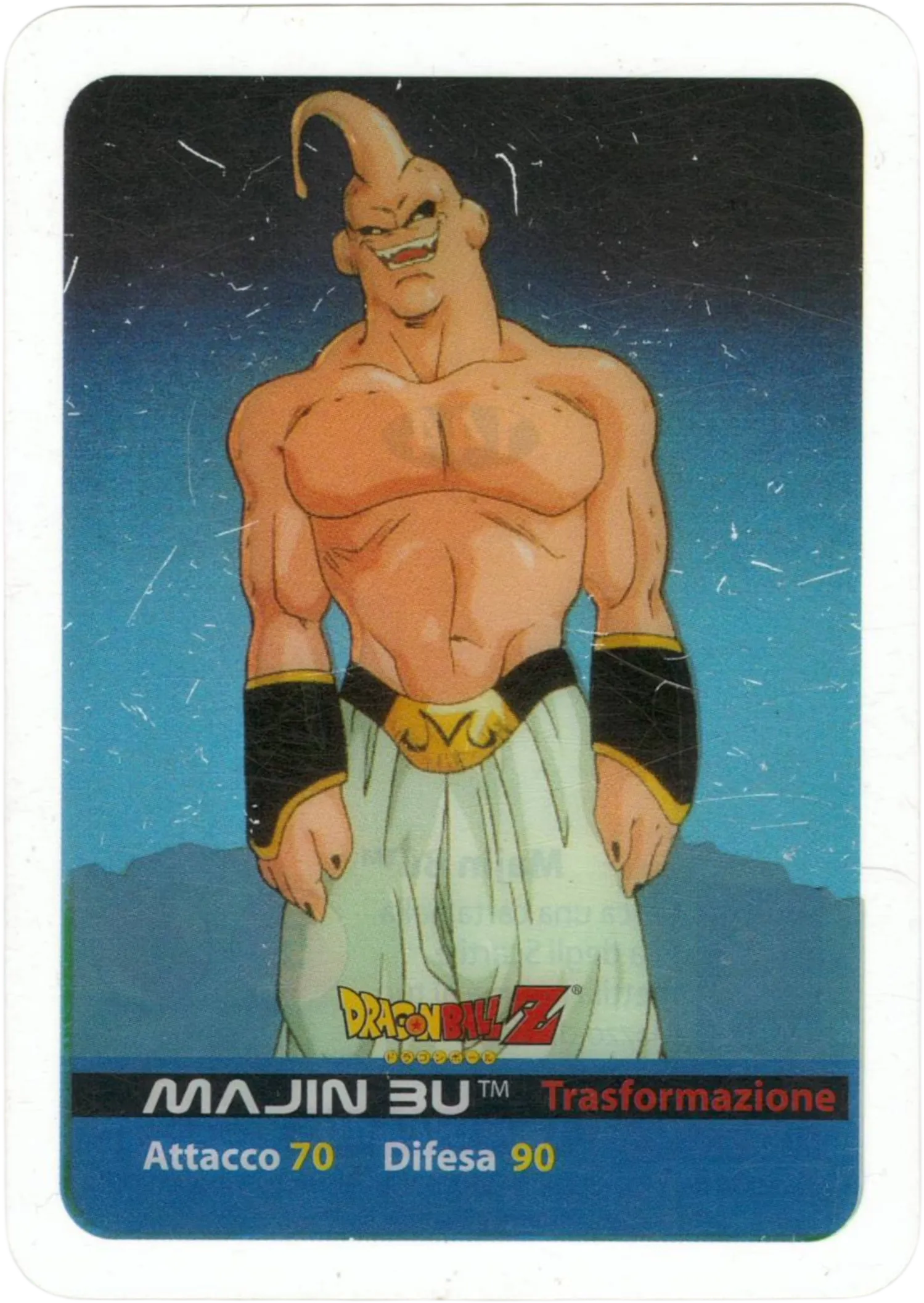 Carta da collezione Dragon Ball Z serie Oro 144 n. 144  –  Majin Bu. Immagine fronte con artwork anime dettagliato, parte della serie DBZ Lamincard