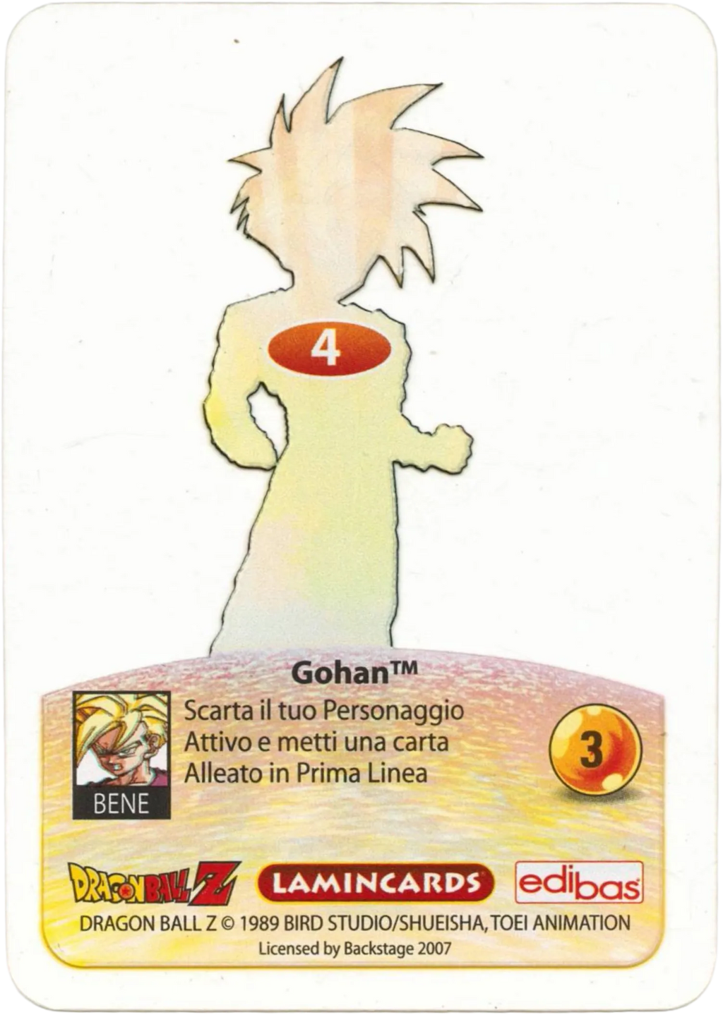 DBZ-PLT-004-GOHAN-0000 img2 Retro della carta DBZ Platino n. 4 Gohan - Supersayan - parte della serie DBZ Lamincard, con dettagli visivi e grafici del prodotto.