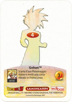 DBZ-PLT-004-GOHAN-0000 img2 Retro della carta DBZ Platino n. 4 Gohan - Supersayan - parte della serie DBZ Lamincard, con dettagli visivi e grafici del prodotto.