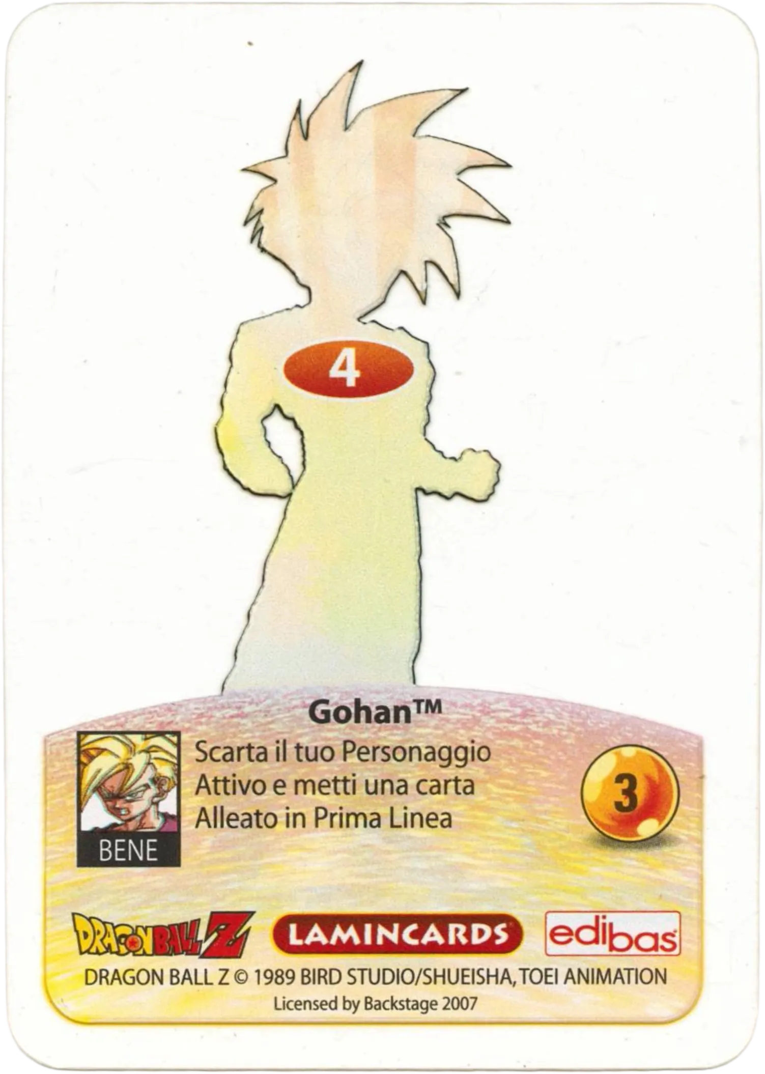 DBZ-PLT-004-GOHAN-0000 img2 Retro della carta DBZ Platino n. 4 Gohan - Supersayan - parte della serie DBZ Lamincard, con dettagli visivi e grafici del prodotto.