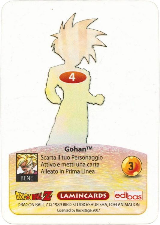 DBZ-PLT-004-GOHAN-0000 img2 Retro della carta DBZ Platino n. 4 Gohan - Supersayan - parte della serie DBZ Lamincard, con dettagli visivi e grafici del prodotto.