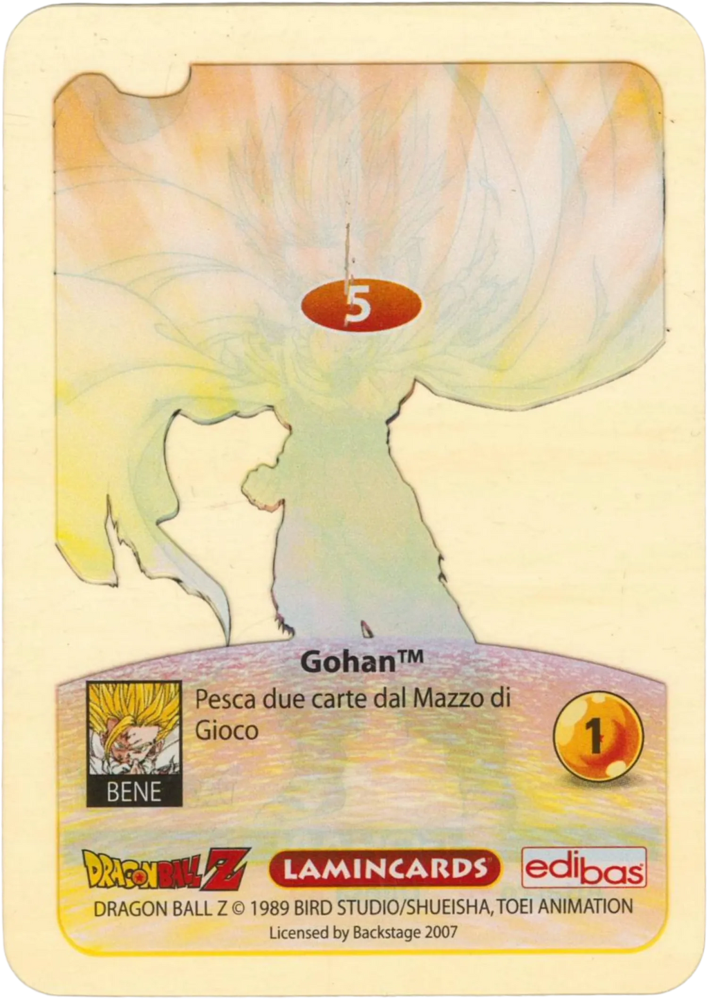 DBZ-PLT-005-GOHAN-0000 img2 Retro della carta DBZ Platino n. 5 Gohan Supersayan- parte della serie DBZ Lamincard, con dettagli visivi e grafici del prodotto.