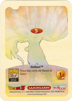 DBZ-PLT-005-GOHAN-0000 img2 Retro della carta DBZ Platino n. 5 Gohan Supersayan- parte della serie DBZ Lamincard, con dettagli visivi e grafici del prodotto.