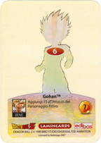 DBZ-PLT-006-GOHAN-0000 img2 Retro della carta DBZ Platino n. 6 Gohan Supersayan- parte della serie DBZ Lamincard, con dettagli visivi e grafici del prodotto.