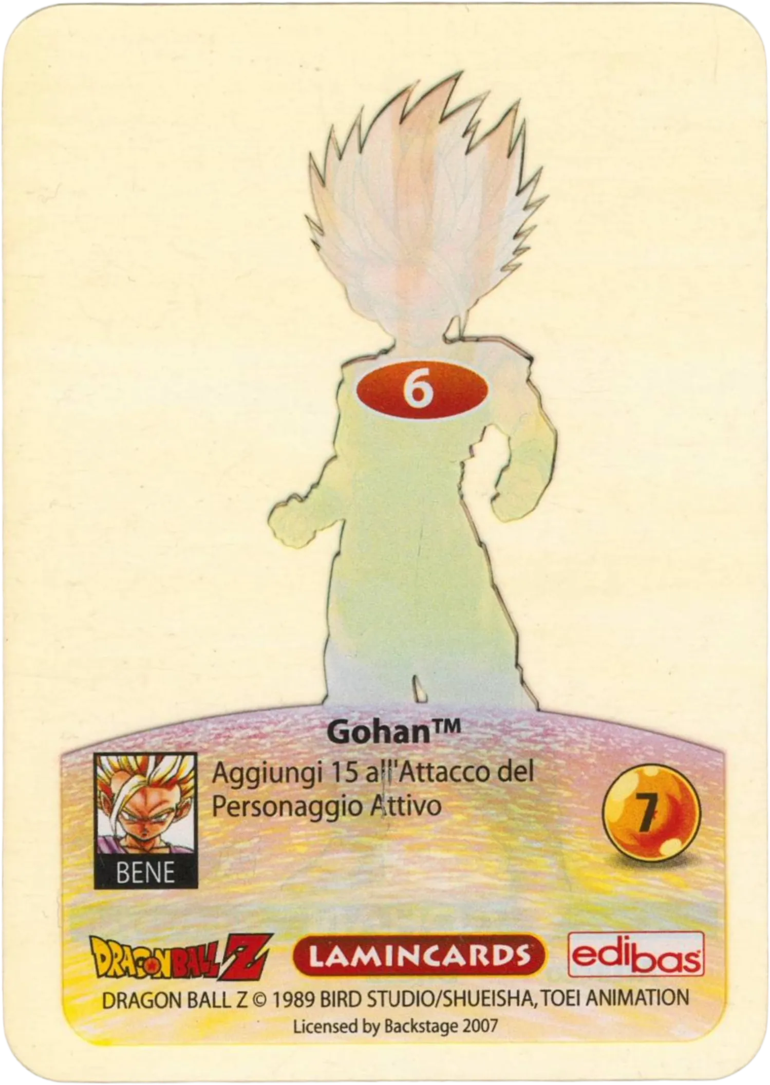 DBZ-PLT-006-GOHAN-0000 img2 Retro della carta DBZ Platino n. 6 Gohan Supersayan- parte della serie DBZ Lamincard, con dettagli visivi e grafici del prodotto.