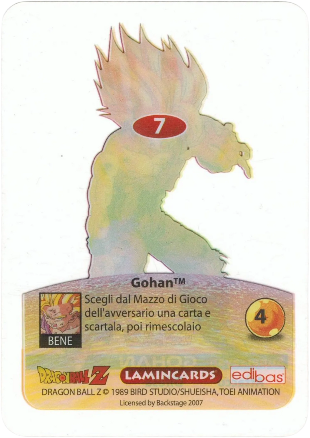 DBZ-PLT-007-GOHAN-0000 img2 Retro della carta DBZ Platino n. 7 Gohan Supersayan- parte della serie DBZ Lamincard, con dettagli visivi e grafici del prodotto.