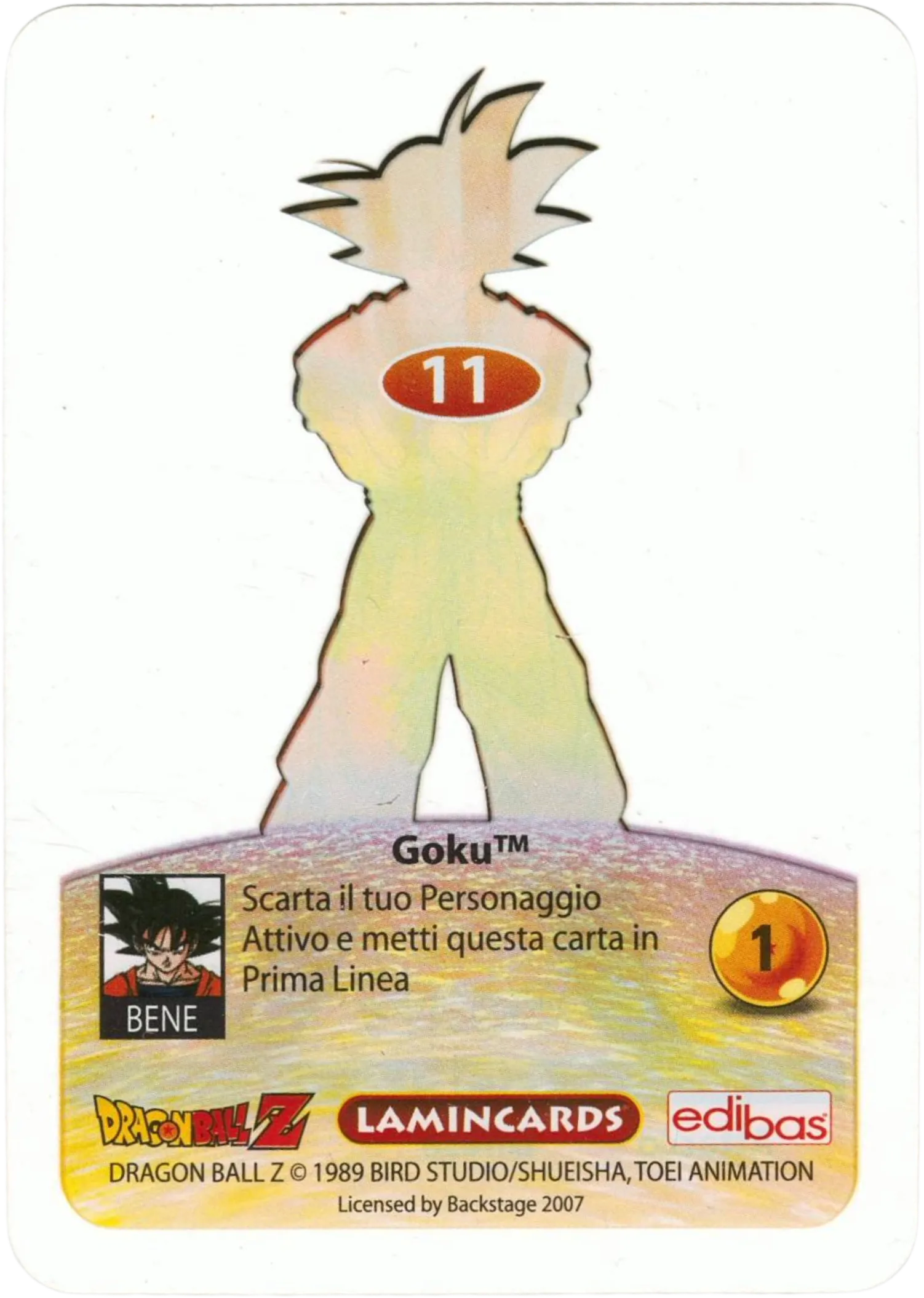 DBZ-PLT-011-GOKU-0000 img2 Retro della carta DBZ Platino n. 11 Goku- parte della serie DBZ Lamincard, con dettagli visivi e grafici del prodotto.