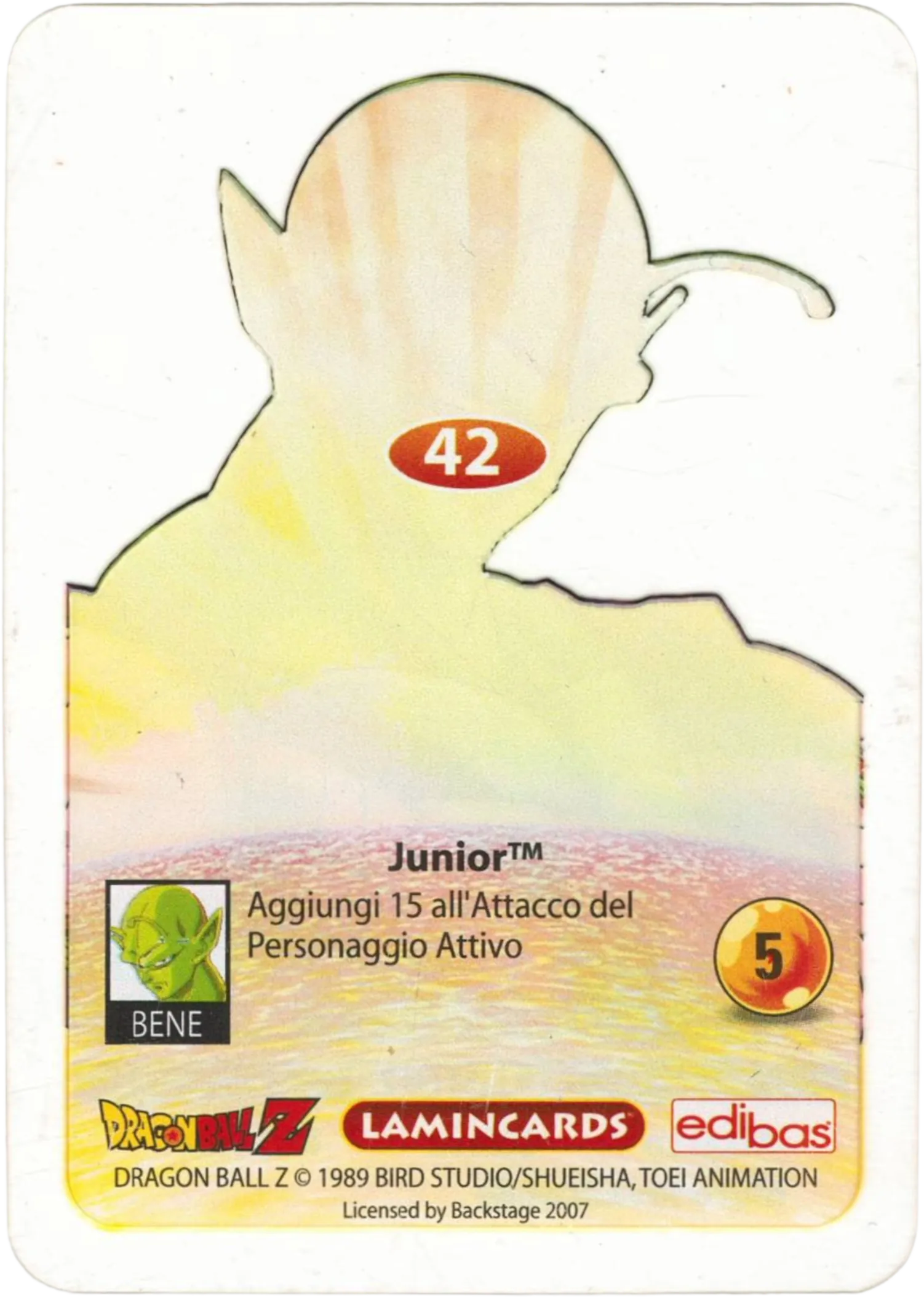 DBZ-PLT-042-JUNIOR-0000 img2 Retro della carta DBZ Platino n. 42 Junior - Muro invalicabile - parte della serie DBZ Lamincard, con dettagli visivi e grafici del prodotto.