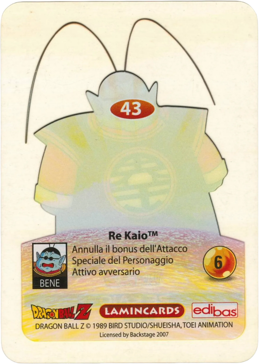 DBZ-PLT-043-RE KAIO-0000 img2 Retro della carta DBZ Platino n. 43 Re Kaio - parte della serie DBZ Lamincard, con dettagli visivi e grafici del prodotto.