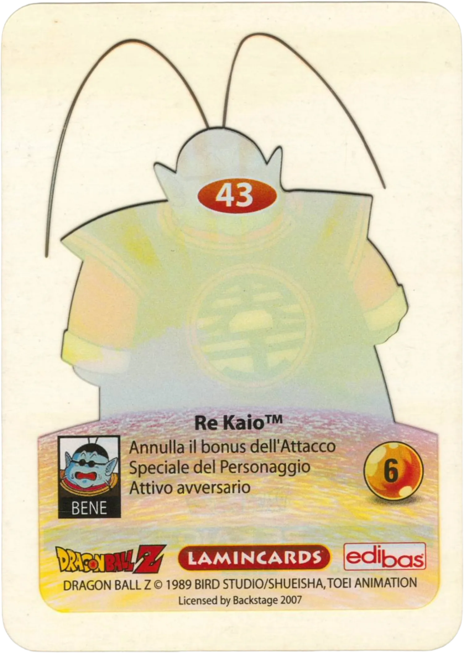 DBZ-PLT-043-RE KAIO-0000 img2 Retro della carta DBZ Platino n. 43 Re Kaio - parte della serie DBZ Lamincard, con dettagli visivi e grafici del prodotto.