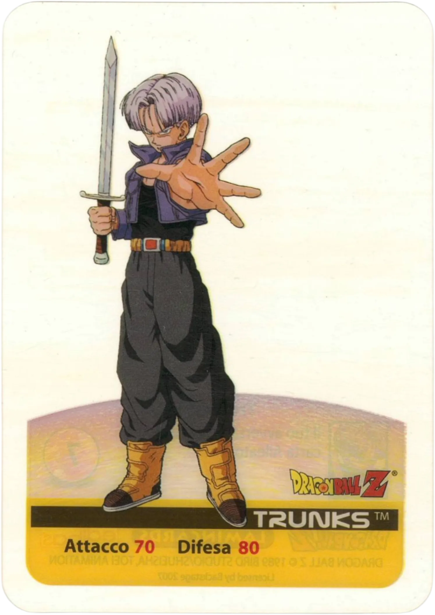 DBZ-PLT-044-TRUNKS-0000 img1 Lamincards da collezione Dragon Ball Z Platino n. 44 - Trunks parte della serie DBZ Lamincard, con dettagli visivi e grafici del prodotto.