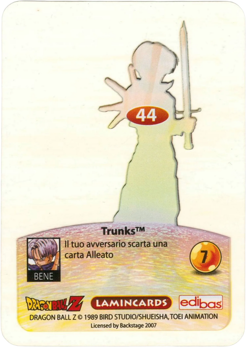 DBZ-PLT-044-TRUNKS-0000 img2 Retro della carta DBZ Platino n. 44 Trunks - parte della serie DBZ Lamincard, con dettagli visivi e grafici del prodotto.