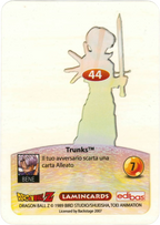 DBZ-PLT-044-TRUNKS-0000 img2 Retro della carta DBZ Platino n. 44 Trunks - parte della serie DBZ Lamincard, con dettagli visivi e grafici del prodotto.