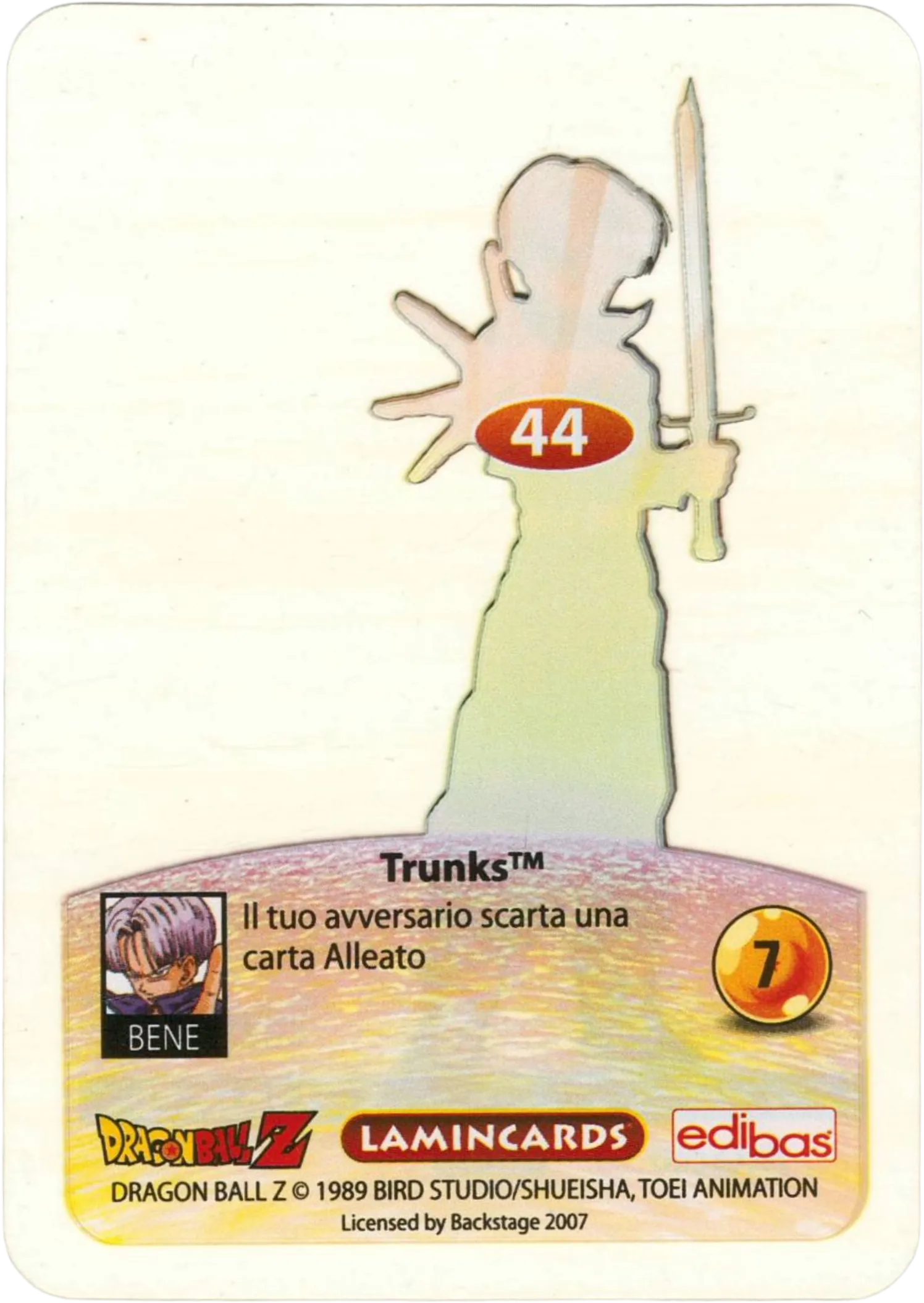 DBZ-PLT-044-TRUNKS-0000 img2 Retro della carta DBZ Platino n. 44 Trunks - parte della serie DBZ Lamincard, con dettagli visivi e grafici del prodotto.