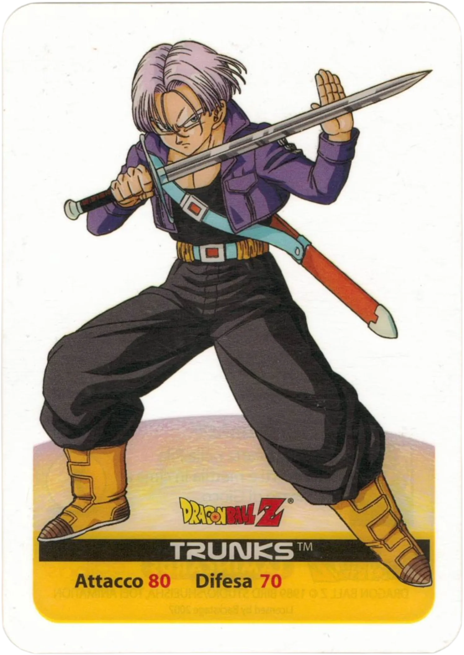 DBZ-PLT-046-TRUNKS-0000 img1 Lamincards da collezione Dragon Ball Z Platino n. 46 - Trunks parte della serie DBZ Lamincard, con dettagli visivi e grafici del prodotto.