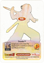 DBZ-PLT-046-TRUNKS-0000 img2 Retro della carta DBZ Platino n. 46 Trunks - parte della serie DBZ Lamincard, con dettagli visivi e grafici del prodotto.