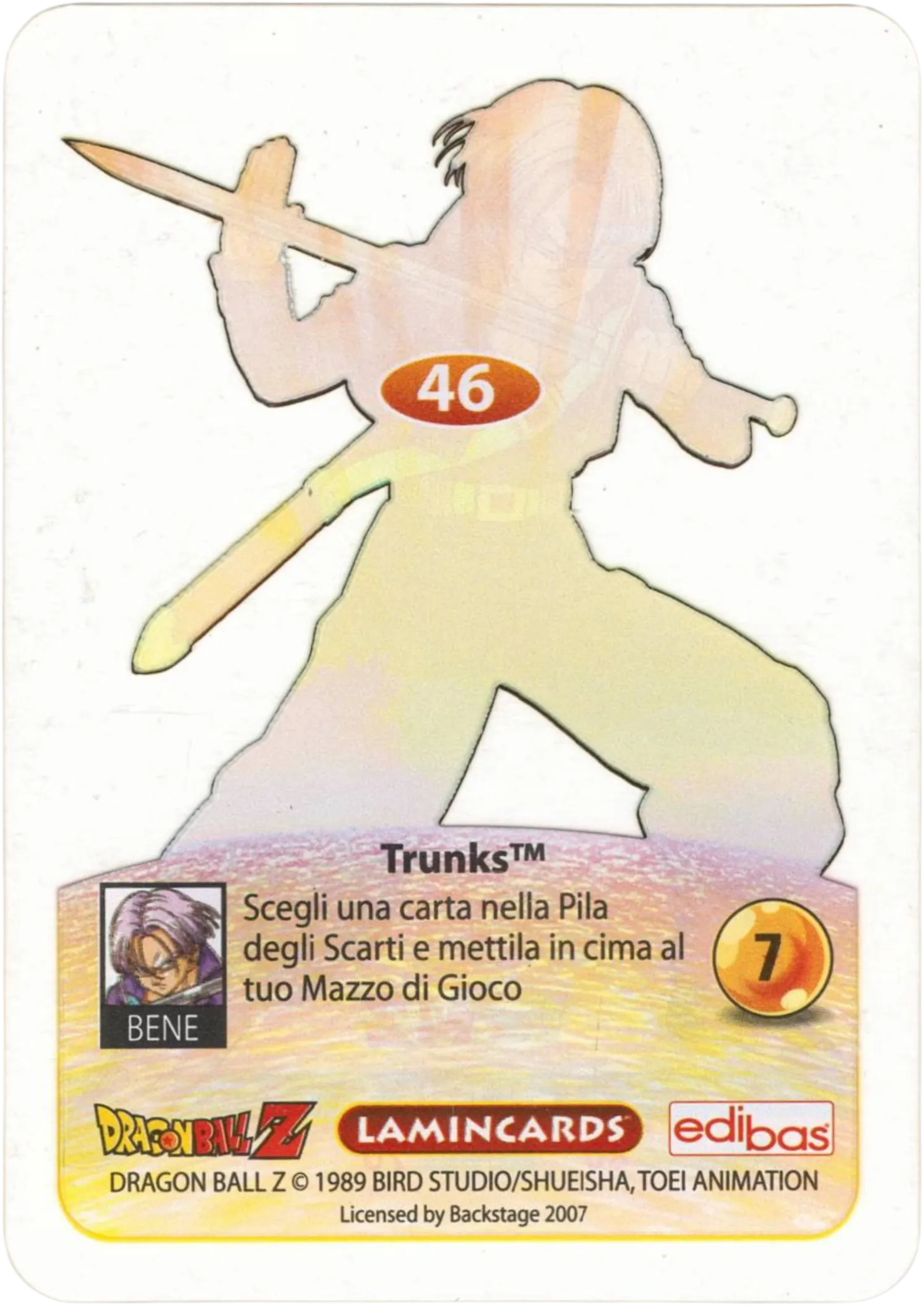 DBZ-PLT-046-TRUNKS-0000 img2 Retro della carta DBZ Platino n. 46 Trunks - parte della serie DBZ Lamincard, con dettagli visivi e grafici del prodotto.