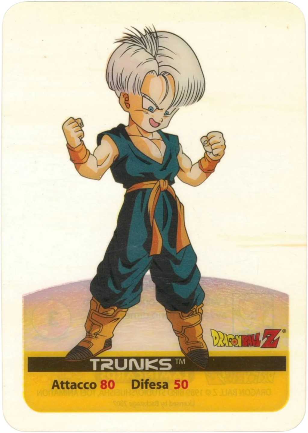 DBZ-PLT-048-TRUNKS-0000 img1 Lamincards da collezione Dragon Ball Z Platino n. 48 - Trunks parte della serie DBZ Lamincard, con dettagli visivi e grafici del prodotto.