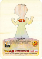 DBZ-PLT-048-TRUNKS-0000 img2 Retro della carta DBZ Platino n. 48 Trunks - parte della serie DBZ Lamincard, con dettagli visivi e grafici del prodotto.
