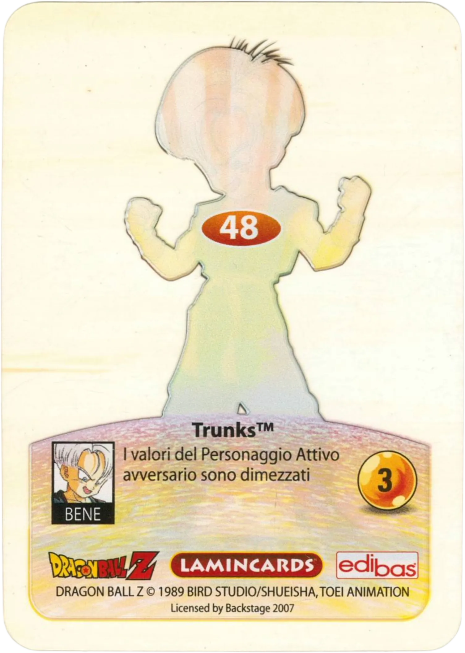 DBZ-PLT-048-TRUNKS-0000 img2 Retro della carta DBZ Platino n. 48 Trunks - parte della serie DBZ Lamincard, con dettagli visivi e grafici del prodotto.