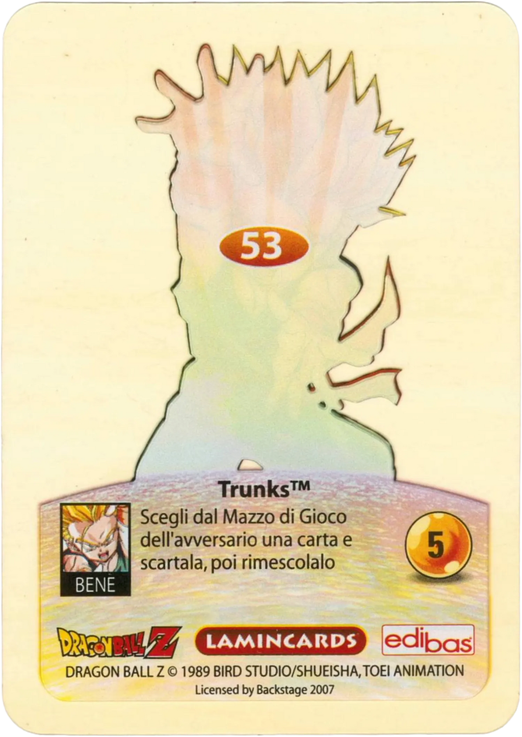 DBZ-PLT-053-TRUNKS-0000 img2 Retro della carta DBZ Platino n. 53 Trunks Supersayan - Piccolo guerriero - parte della serie DBZ Lamincard, con dettagli visivi e grafici del prodotto.