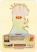 DBZ-PLT-053-TRUNKS-0000 img2 Retro della carta DBZ Platino n. 53 Trunks Supersayan - Piccolo guerriero - parte della serie DBZ Lamincard, con dettagli visivi e grafici del prodotto.