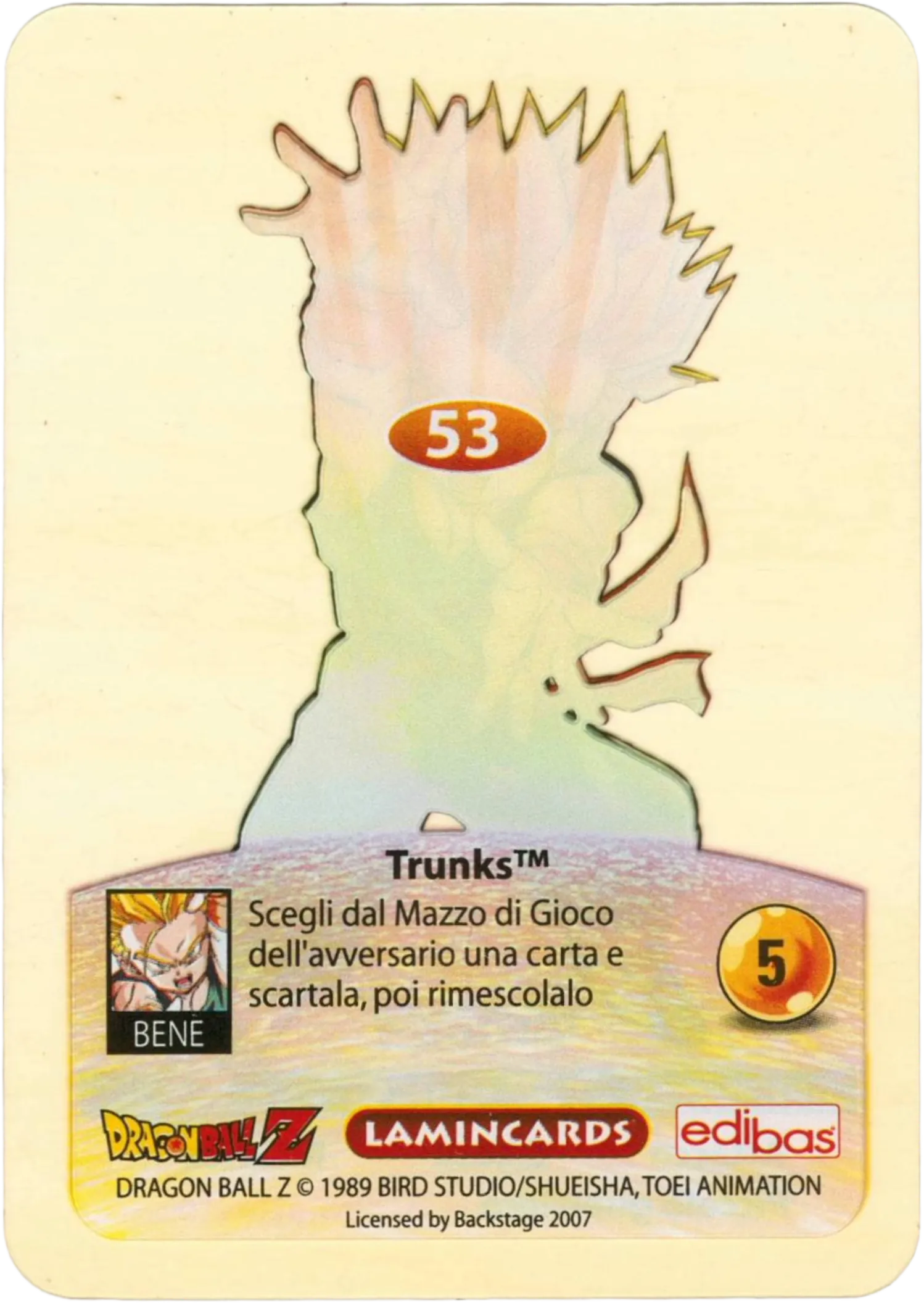 DBZ-PLT-053-TRUNKS-0000 img2 Retro della carta DBZ Platino n. 53 Trunks Supersayan - Piccolo guerriero - parte della serie DBZ Lamincard, con dettagli visivi e grafici del prodotto.