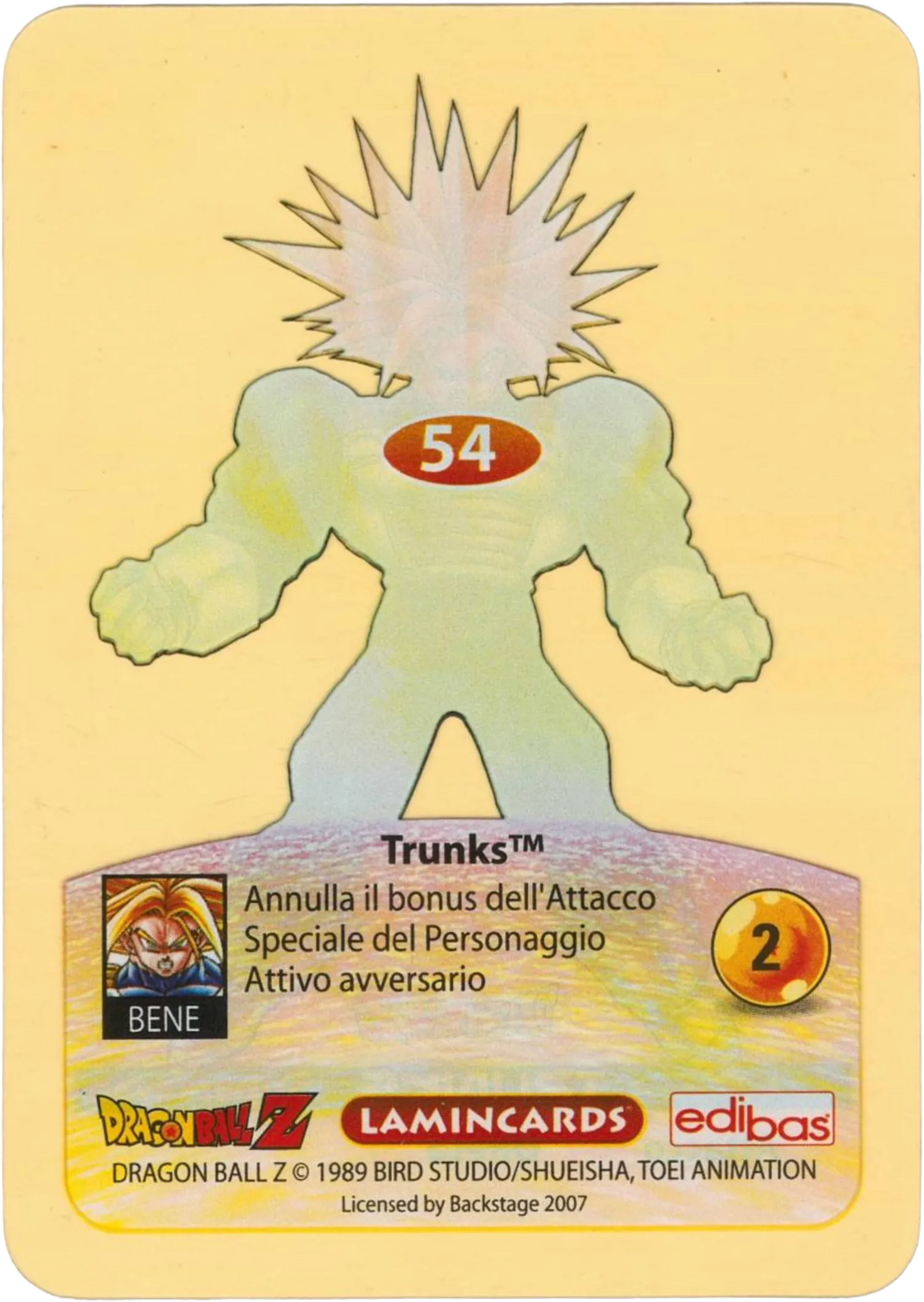 DBZ-PLT-054-TRUNKS-0000 img2 Retro della carta DBZ Platino n. 54 Trunks Supersayan - parte della serie DBZ Lamincard, con dettagli visivi e grafici del prodotto.