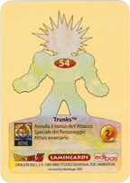 DBZ-PLT-054-TRUNKS-0000 img2 Retro della carta DBZ Platino n. 54 Trunks Supersayan - parte della serie DBZ Lamincard, con dettagli visivi e grafici del prodotto.