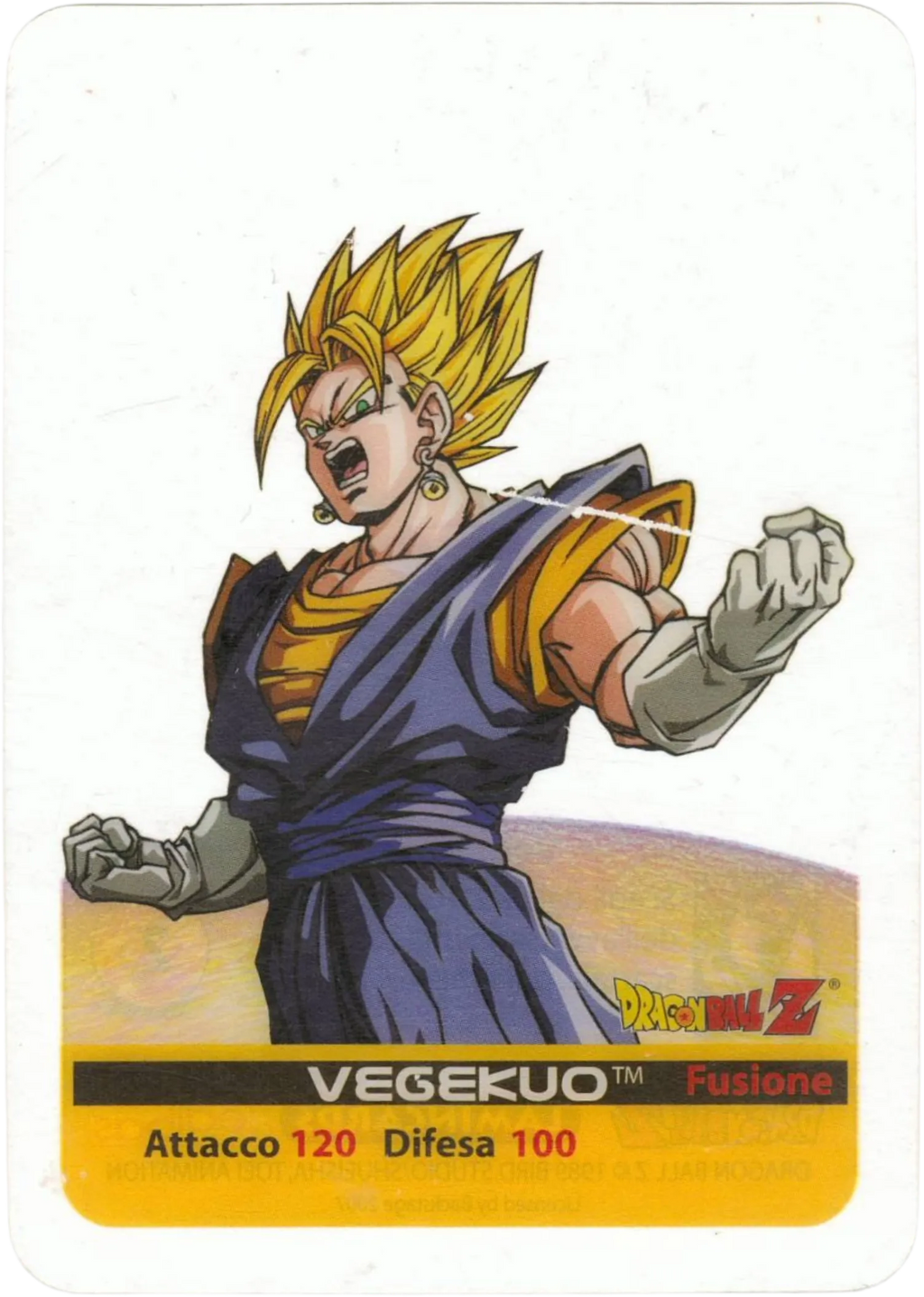 DBZ-PLT-057-VEGEKUO-0000 img1 Lamincards da collezione Dragon Ball Z Platino n. 57 - Vegekuo - Fusione Goku Vegeta con orecchini Potara parte della serie DBZ Lamincard, con dettagli visivi e grafici del prodotto.