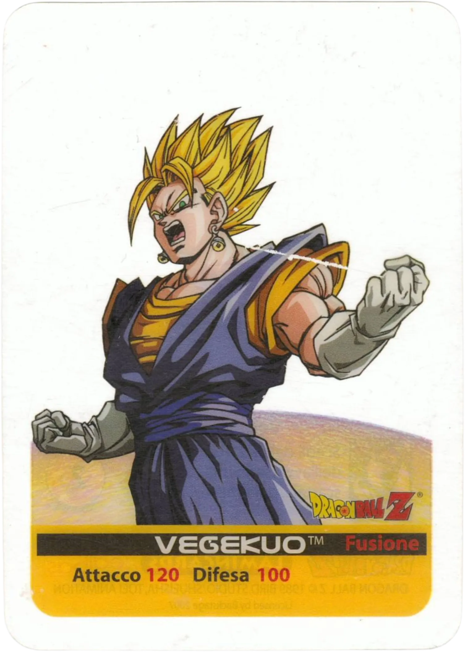 DBZ-PLT-057-VEGEKUO-0000 img1 Lamincards da collezione Dragon Ball Z Platino n. 57 - Vegekuo - Fusione Goku Vegeta con orecchini Potara parte della serie DBZ Lamincard, con dettagli visivi e grafici del prodotto.