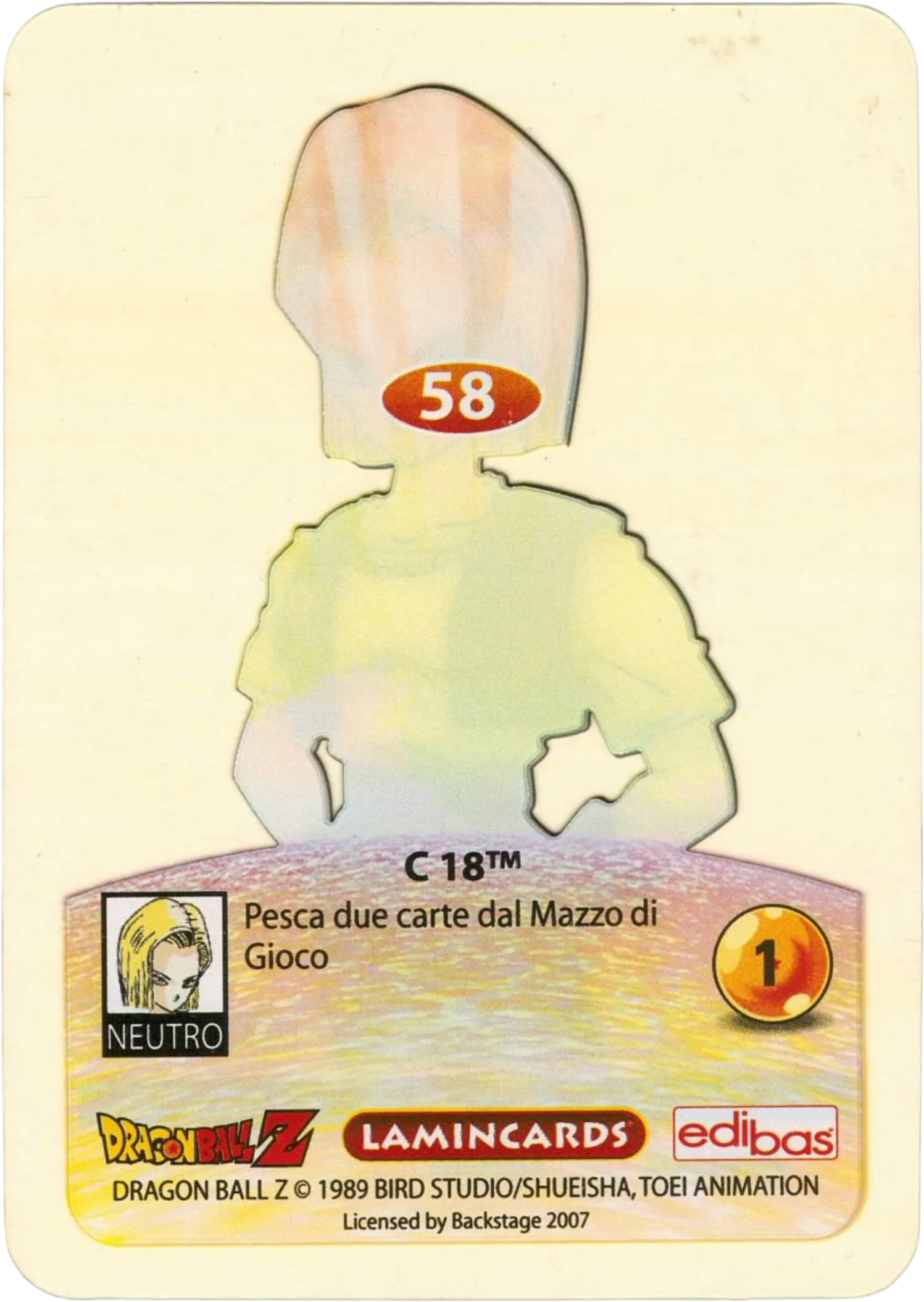 DBZ-PLT-058-C-18-0000 img2 Retro della carta DBZ Platino n. 58 C 18 - parte della serie DBZ Lamincard, con dettagli visivi e grafici del prodotto.