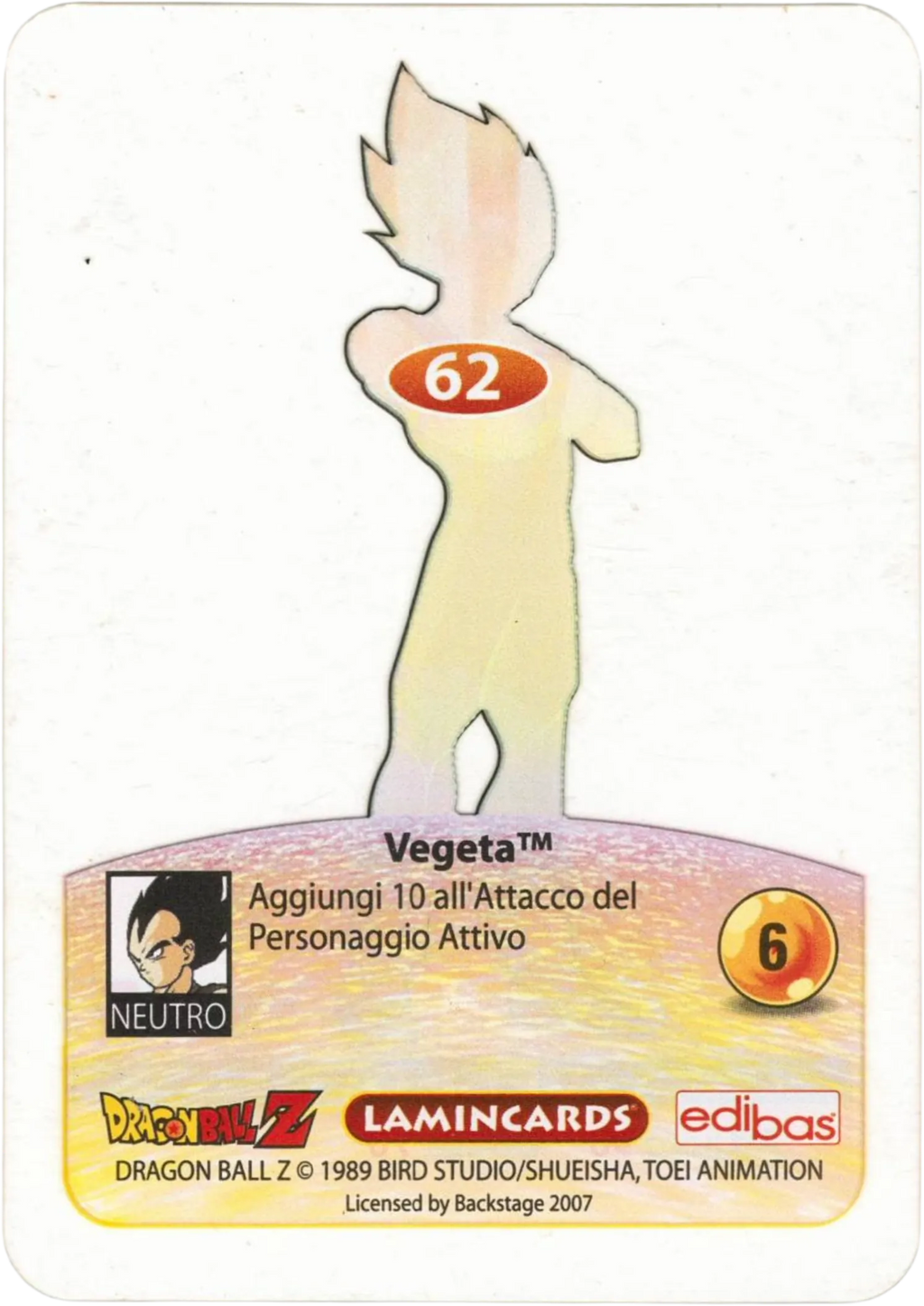 DBZ-PLT-062-VEGETA-0000 img2 Retro della carta DBZ Platino n. 62 Vegeta - parte della serie DBZ Lamincard, con dettagli visivi e grafici del prodotto.