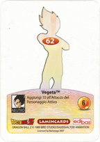 DBZ-PLT-062-VEGETA-0000 img2 Retro della carta DBZ Platino n. 62 Vegeta - parte della serie DBZ Lamincard, con dettagli visivi e grafici del prodotto.